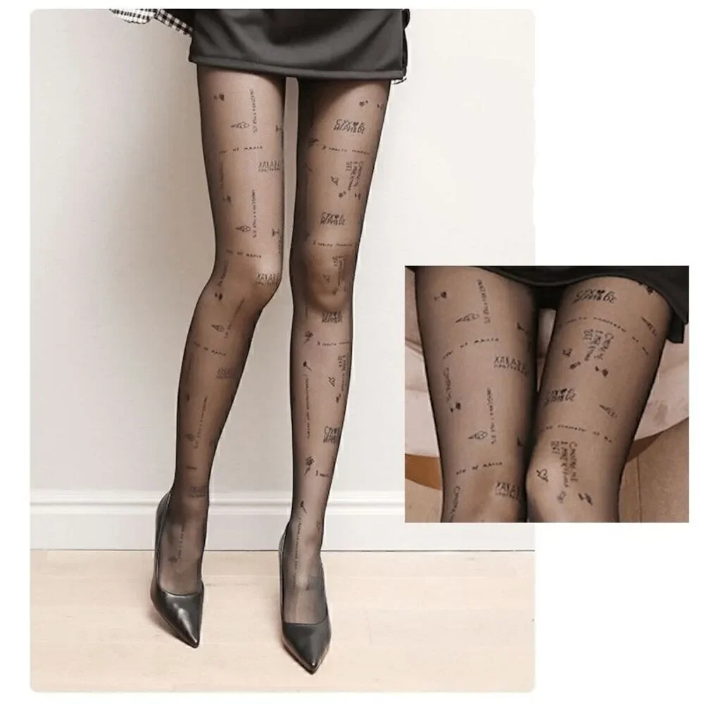 Funny Russian Text Letters Tattoo Printed Black Sheer Nylon Pantyhose Tights NEW